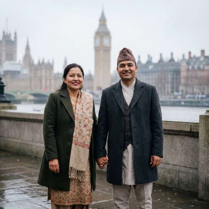 Happy Nepali couple holding hands abroad